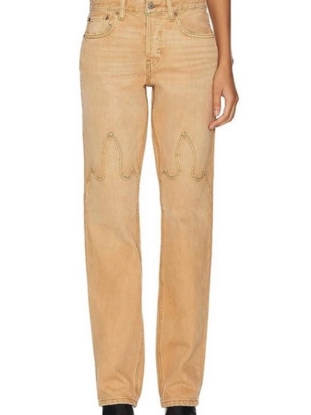 Re/Done Women's Tan Straight-Leg Jeans with Decorative Knee Stitching.